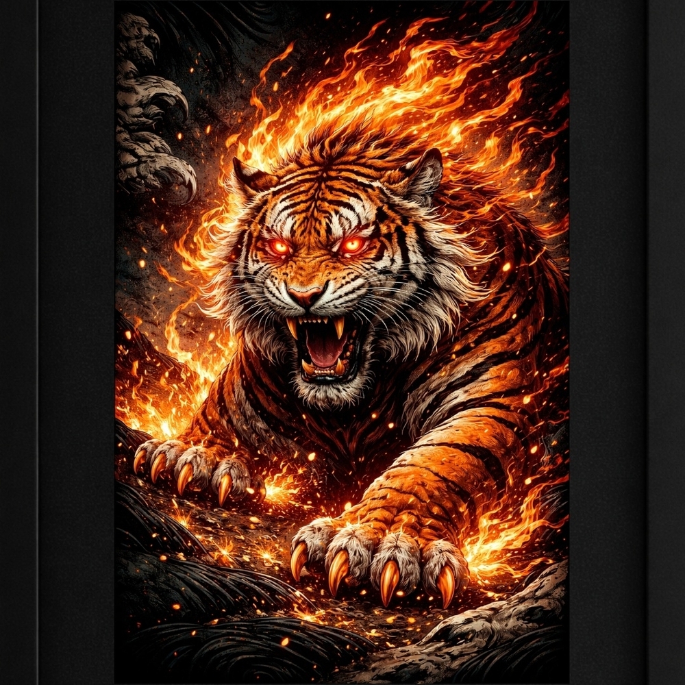 Fiery Roaring Tiger Art Print In A 8x10 Frame